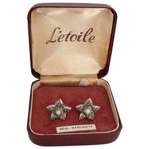 Vintage Marcasite Star Clip On Earrings Faux Pearl Celestial mid-century w/box